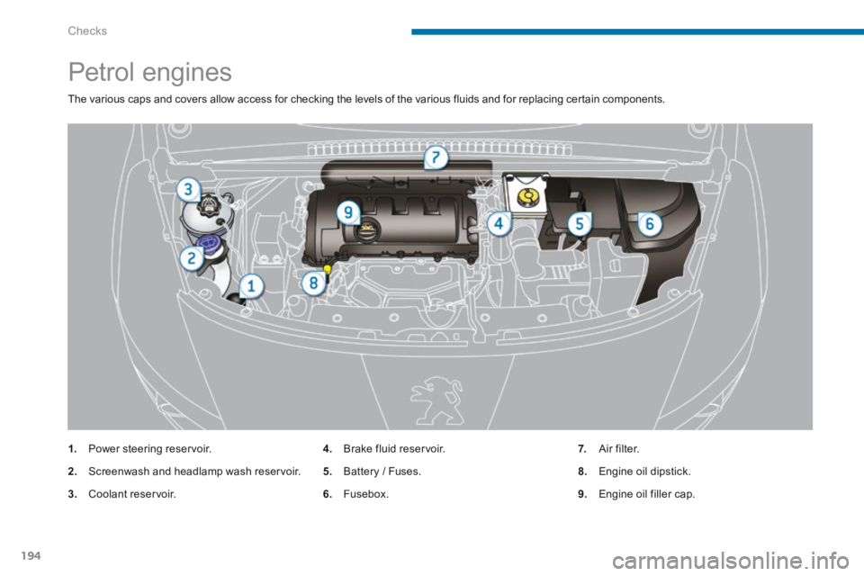 PEUGEOT 308 2014  Owners Manual Checks
194
               Petrol engines 
 The various caps and covers allow access for checking the levels of the various fluids and for replacing certain components. 
1.   Power steering reservoir. 