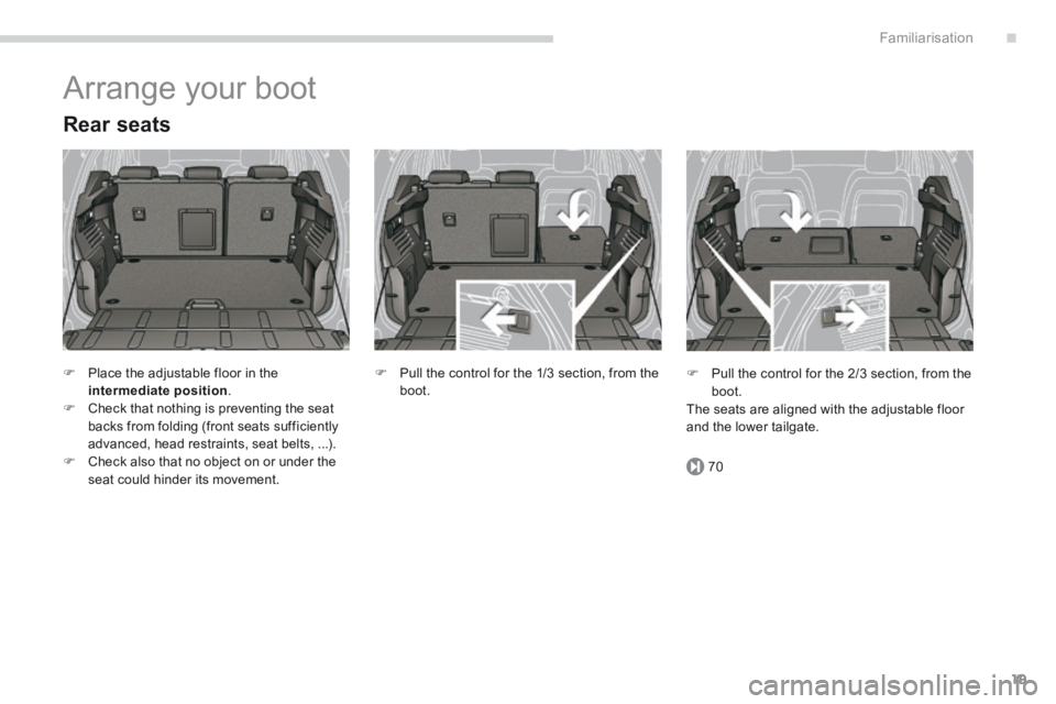 PEUGEOT 308 2014  Owners Manual .
70
Familiarisation19
 Arrange your boot 
  Rear  seats 
   Place the adjustable floor in the intermediate position .    Check that nothing is preventing the seat backs from folding (front seat