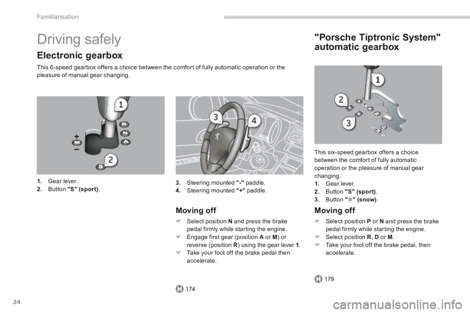 PEUGEOT 308 2014  Owners Manual 174
179
Familiarisation
24
 Driving  safely 
  Electronic  gearbox 
  This 6 -speed gearbox offers a choice between the comfort of fully automatic operation or the pleasure of manual gear changing. 
1