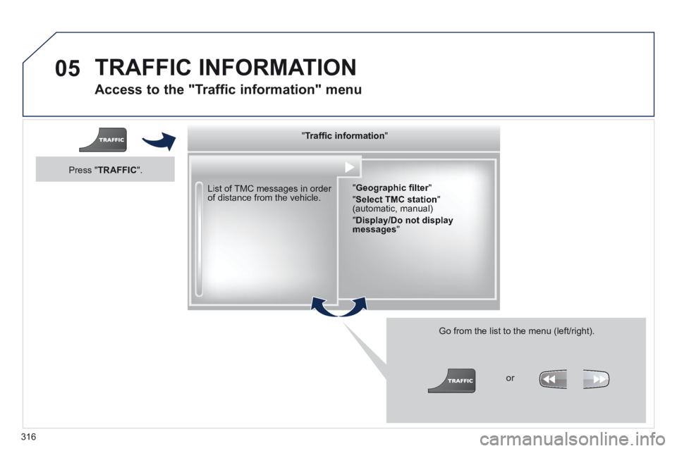 PEUGEOT 308 2014  Owners Manual 05
316
  Access to the "Traffic information" menu 
  List of TMC messages in order of distance from the vehicle.  
  Go from the list to the menu (left/right). 
  "   "   "   "   "   "   "   "   "   "