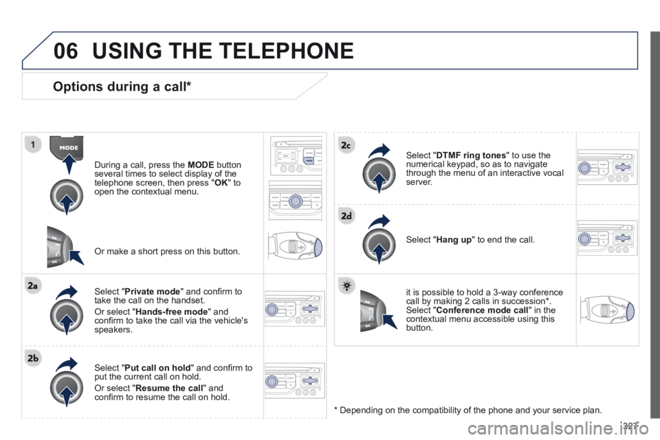 PEUGEOT 308 2014  Owners Manual 06
327
  Options  during  a  call *  
  During a call, press the  MODE   button several times to select display of the telephone screen, then press " OK "  to open the contextual menu.  
  Select  " P