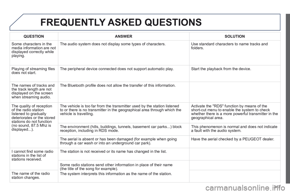PEUGEOT 308 2014 Owners Manual 347
FREQUENTLY ASKED QUESTIONS
QUESTIONANSWERSOLUTION
Some characters in the media information are not displayed correctly while playing.
The audio system does not display some types of charact PEUGEOT 308 2014 Owners Manual 347
FREQUENTLY ASKED QUESTIONS
QUESTIONANSWERSOLUTION
Some characters in the media information are not displayed correctly while playing.
The audio system does not display some types of charact