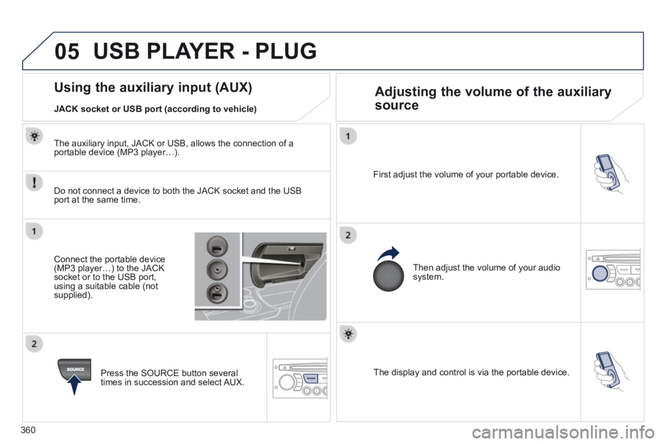 PEUGEOT 308 2014  Owners Manual 05
360
  The display and control is via the portable device.   
  First adjust the volume of your portable device.  
  Then adjust the volume of your audio system.  
                   Using the auxil
