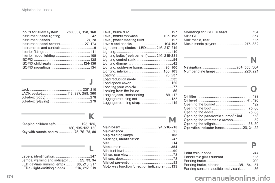 PEUGEOT 308 2014 Owners Manual Alphabetical index
374
Keeping children safe ..........................125, 126,13 0, 13 5 -137, 15 0Key with remote control ................75, 76, 78, 80
Labels, identification ..................... PEUGEOT 308 2014 Owners Manual Alphabetical index
374
Keeping children safe ..........................125, 126,13 0, 13 5 -137, 15 0Key with remote control ................75, 76, 78, 80
Labels, identification .....................