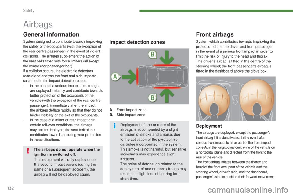 PEUGEOT 308 2016  Owners Manual 132
3008_en_Chap07_securite_ed01-2015
Airbags
Front airbags
Deployment
The airbags are deployed, except the passenger's 
front airbag if it is deactivated, in the event of a 
serious front impact 