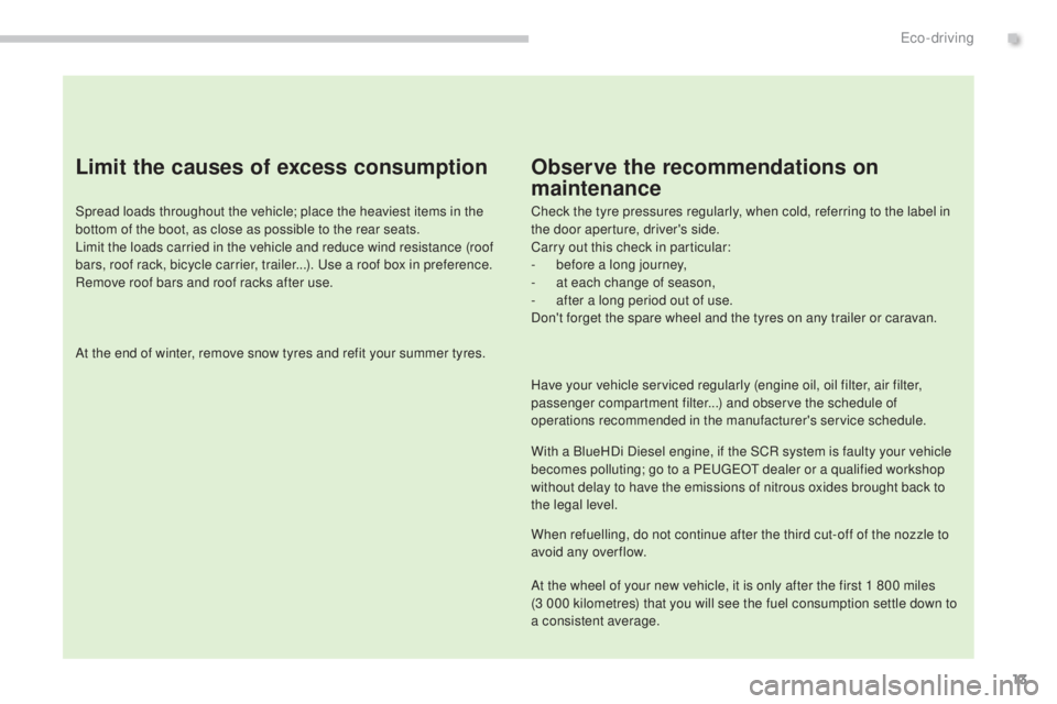 PEUGEOT 308 2016 Owners Manual 13
3008_en_Chap00c_eco-conduite_ed01-2015
Limit the causes of excess consumption
Spread loads throughout the vehicle; place the heaviest items in the
bottom of the boot, as close as possible to the r PEUGEOT 308 2016 Owners Manual 13
3008_en_Chap00c_eco-conduite_ed01-2015
Limit the causes of excess consumption
Spread loads throughout the vehicle; place the heaviest items in the
bottom of the boot, as close as possible to the r