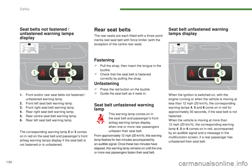 PEUGEOT 308 2015  Owners Manual 130
1. Front and/or rear seat belts not fastened / unfastened warning lamp.
2.
 F

ront left seat belt warning lamp.
3.
 F

ront right seat belt warning lamp.
4.
 R

ear right seat belt warning lamp.
