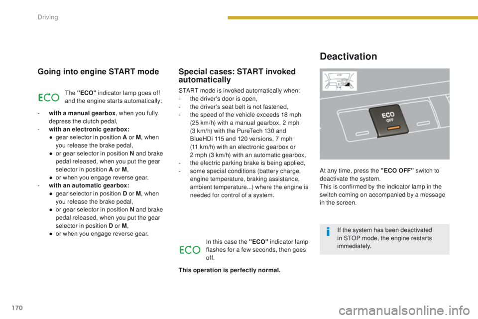 PEUGEOT 308 2015  Owners Manual 170
Going into engine START mode
The "ECO" indicator lamp goes off 
and the engine starts automatically:
-
 
w

ith a manual gearbox , when you fully 
depress the clutch pedal,
-
 
w

ith an e