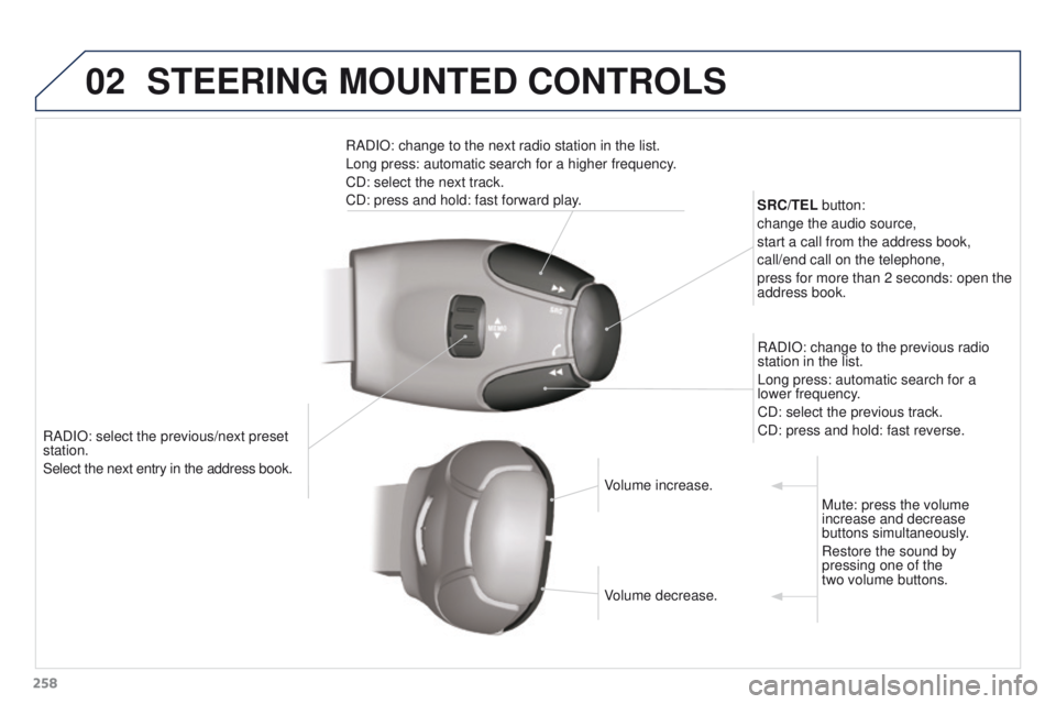 PEUGEOT 308 2015  Owners Manual 02
258RADIO: select the previous/next preset 
station.
Select the next entry in the address book. SRC/TEL button:
change the audio source,
start a call from the address book,
call/end call on the tele