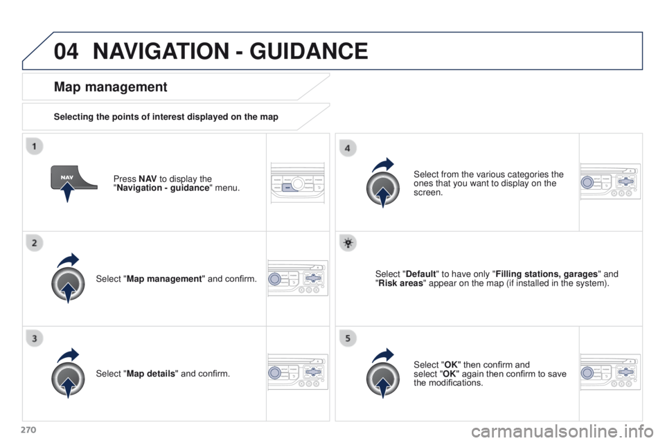 PEUGEOT 308 2015  Owners Manual 04
270Press N AV
 to display the 
"Navigation - guidance " menu.
Map management
Selecting the points of interest displayed on the map
Select "Map management" and confirm. Select from t