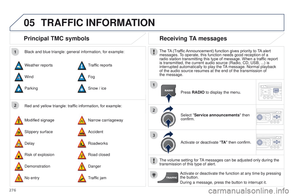PEUGEOT 308 2015  Owners Manual 05
276
Principal TMC symbols
Red and yellow triangle: traffic information, for example:
Black and blue triangle: general information, for example:
Weather reports
Modified signage
Risk of explosion Tr