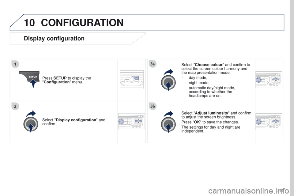 PEUGEOT 308 2015  Owners Manual 10
299
CONFIGURATION
Press SETUP to display the 
"Configuration" menu. Select "Choose colour" and confirm to 
select the screen colour harmony and 
the map presentation mode:
-
 day mo
