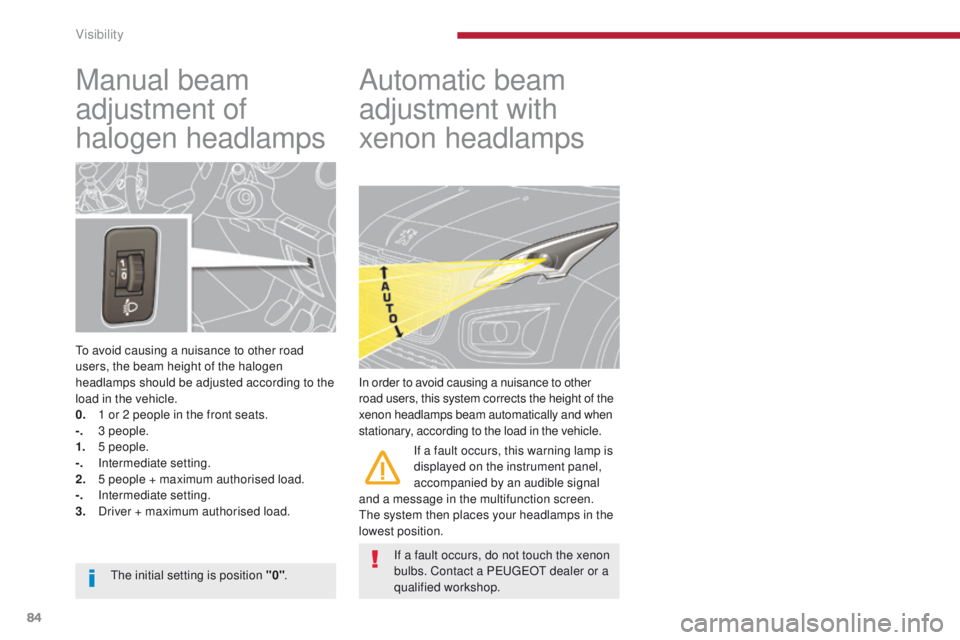 PEUGEOT 308 2015  Owners Manual 84
Manual beam 
adjustment of 
halogen headlamps
To avoid causing a nuisance to other road 
users, the beam height of the halogen 
headlamps should be adjusted according to the 
load in the vehicle.
0