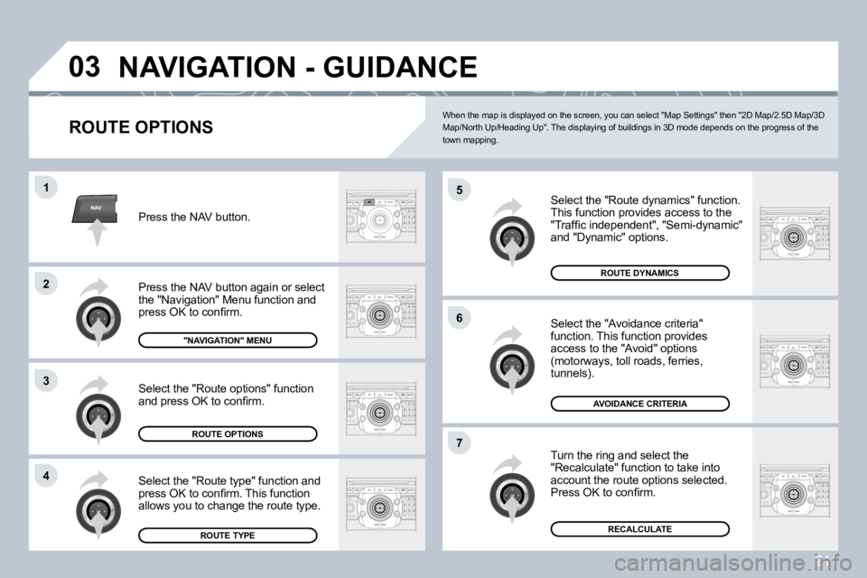 PEUGEOT 3008 DAG 2009  Owners Manual 211
NAV
03
5
 6
 7
1
 2
3
 4
   N A V I G A T I O N   -   G U I D A N C E  
  ROUTE OPTIONS 
 Select the "Route dynamics" function.  This function provides access to the  " T r a f ﬁ   c   i n d