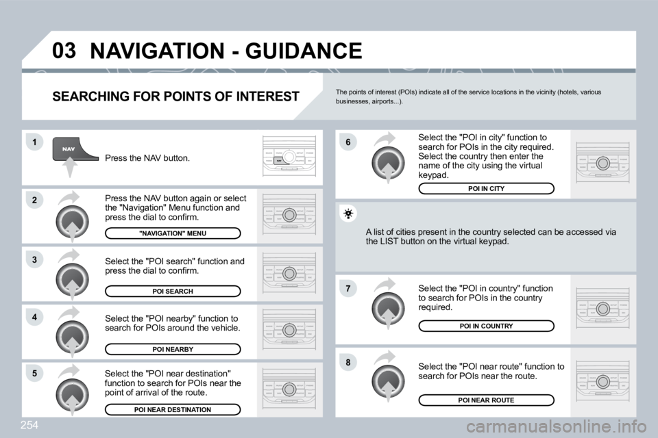 PEUGEOT 3008 DAG 2009  Owners Manual 254
03
1
2
3
4
�7
85
6
 NAVIGATION - GUIDANCE 
  SEARCHING FOR POINTS OF INTEREST 
 Press the NAV button. 
� �P�r�e�s�s� �t�h�e� �N�A�V� �b�u�t�t�o�n� �a�g�a�i�n� �o�r� �s�e�l�e�c�t� �t�h�e� �"�N�