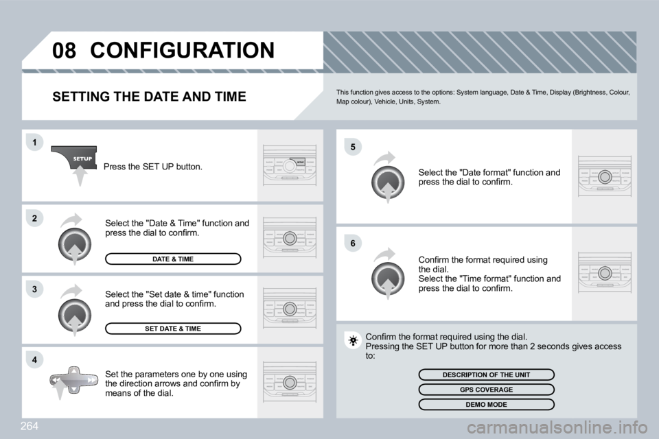 PEUGEOT 3008 DAG 2009  Owners Manual 264
08
5
6
1
2
3
4
CONFIGURATION 
  SETTING THE DATE AND TIME    T h i s   f u n c t i o n   g i v e s   a c c e s s   t o   t h e   o p t i o n s :   S y s t e m   l a n g u a g e ,   D a t e   &   T