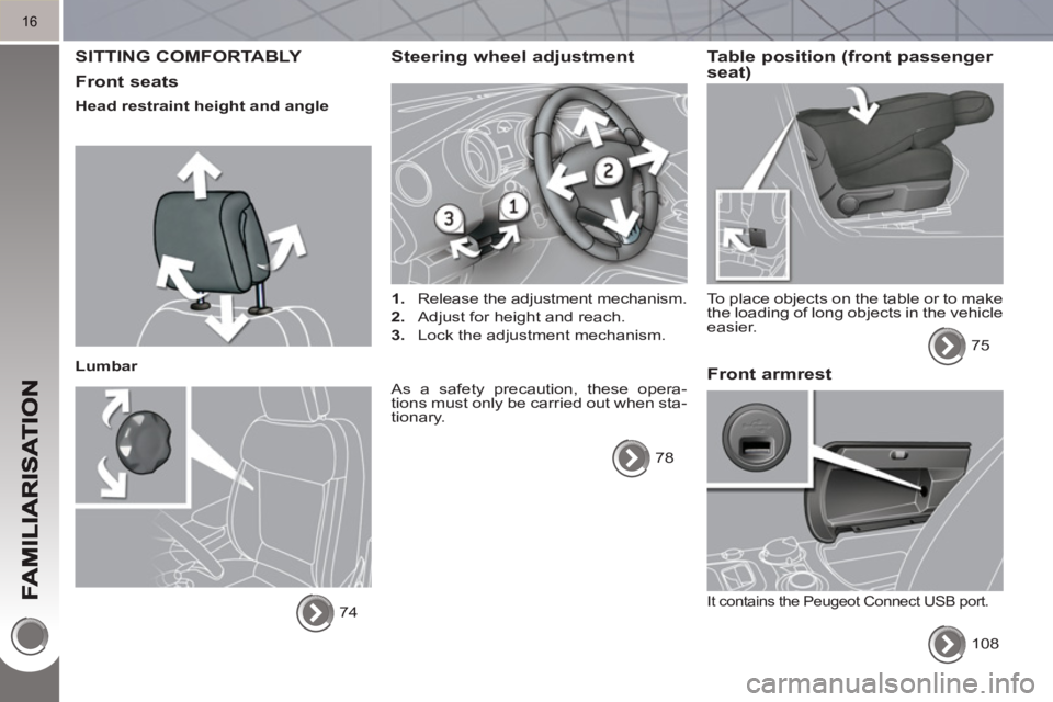 PEUGEOT 3008 HYBRID 4 2011  Owners Manual 16
  SITTING COMFORTABLY 
   
Front seats 
 
 
Head restraint height and angle  
   
Lumbar 
  74  
 
Steering wheel adjustment 
 
 
 
1. 
  Release the adjustment mechanism. 
   
2. 
  Adjust for hei