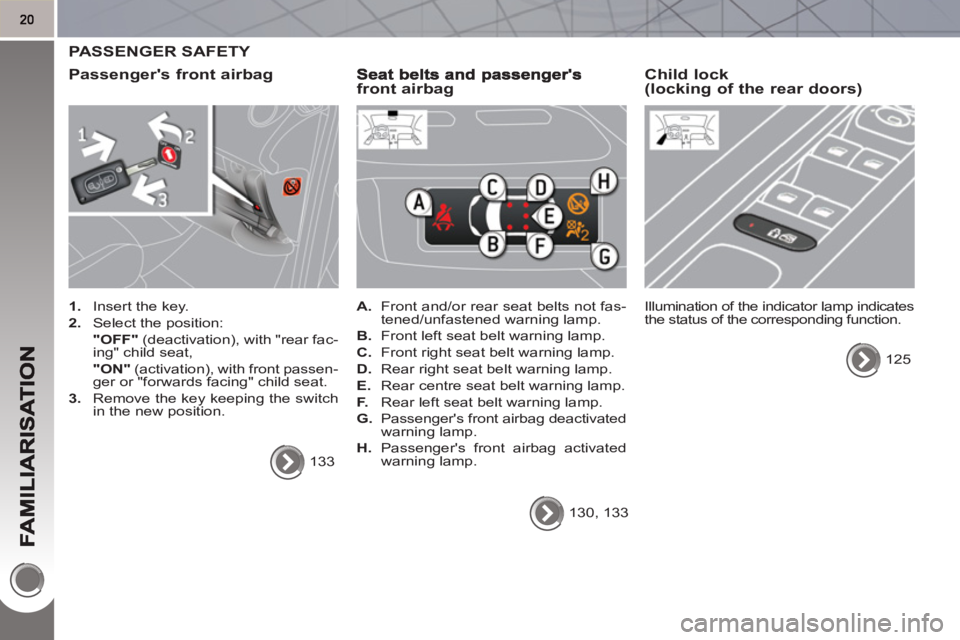 PEUGEOT 3008 HYBRID 4 2011  Owners Manual   PASSENGER SAFETY 
   
Passen
gers front airbag
 
 
 
1. 
  Insert the key. 
   
2. 
  Select the position:  
   "OFF" 
 (deactivation), with "rear fac-
ing" child seat,  
   "ON" 
 (activation), wi