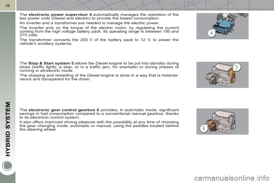PEUGEOT 3008 HYBRID 4 2011  Owners Manual 28
   
The  electronic power 
  supervisor 
  4 
 automatically manages the operation of the 
two power units (Diesel and electric) to provide the lowest consumption. 
  An inverter and a transformer 