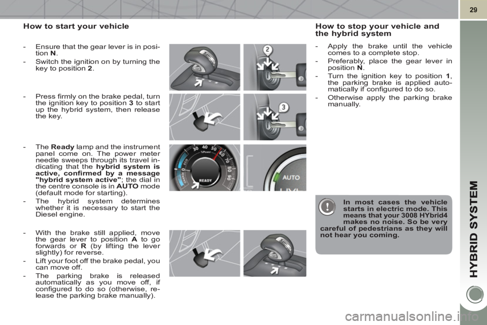 PEUGEOT 3008 HYBRID 4 2011 Owners Manual How to start your vehicle
- Ensure that the gear lever is in posi-
tion N
.
- Switch the ignition on by turning the
key to position 2
.
- Press fi rmly on the brake pedal, PEUGEOT 3008 HYBRID 4 2011 Owners Manual How to start your vehicle
- Ensure that the gear lever is in posi-
tion N
.
- Switch the ignition on by turning the
key to position 2
.
- Press fi rmly on the brake pedal,