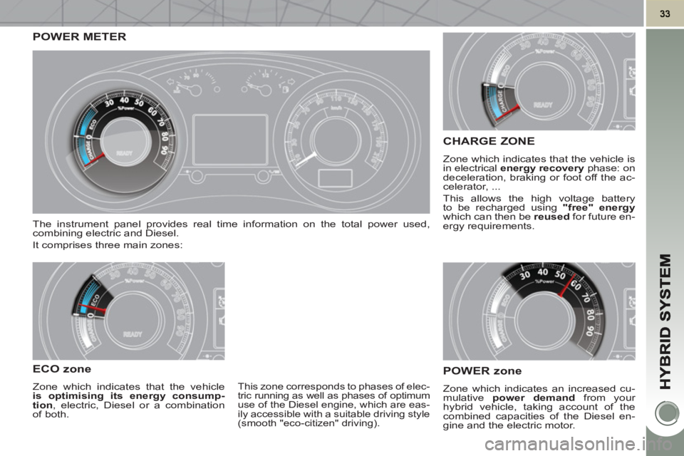 PEUGEOT 3008 HYBRID 4 2011  Owners Manual POWER METER
  The instrument panel provides real time information on the total power used, 
combining electric and Diesel. 
  It comprises three main zones: 
ECO zone
 
Zone which indicates that the v
