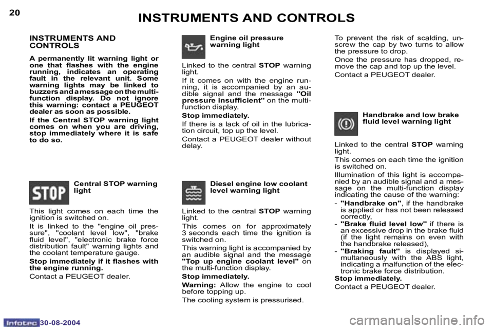 PEUGEOT 307 2004  Owners Manual �2�0
�3�0�-�0�8�-�2�0�0�4
�2�1
�3�0�-�0�8�-�2�0�0�4
�I�N�S�T�R�U�M�E�N�T�S� �A�N�D�  
�C�O�N�T�R�O�L�S
�A�  �p�e�r�m�a�n�e�n�t�l�y�  �l�i�t�  �w�a�r�n�i�n�g�  �l�i�g�h�t�  �o�r�  
�o�n�e�  �t�h�a�t�  