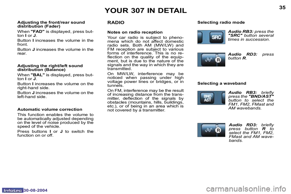 PEUGEOT 307 2004  Owners Manual �3�4
�3�0�-�0�8�-�2�0�0�4
�3�5
�3�0�-�0�8�-�2�0�0�4
�Y�O�U�R� �3�0�7� �I�N� �D�E�T�A�I�L�R�A�D�I�O
�N�o�t�e�s� �o�n� �r�a�d�i�o� �r�e�c�e�p�t�i�o�n 
�Y�o�u�r�  �c�a�r�  �r�a�d�i�o�  �i�s�  �s�u�b�j�e�