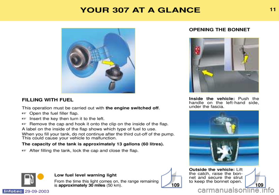 PEUGEOT 307 2003  Owners Manual 11
OPENING THE BONNET Inside the vehicle:  2 

	  
 
	  


		- Outside the vehicle:  6


 	
 
	 
 $ 

 	 
 
 




!(