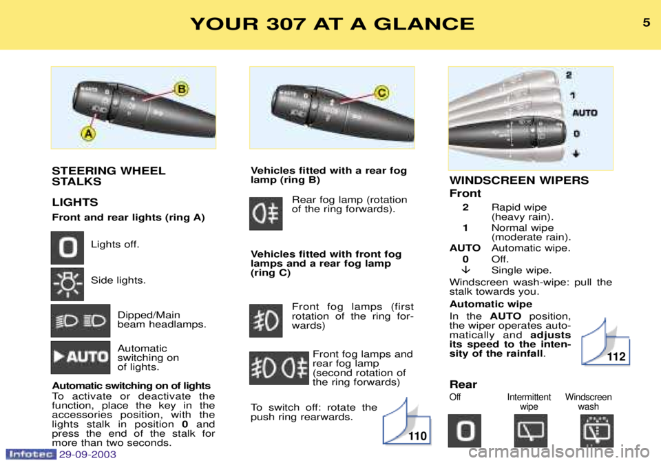 PEUGEOT 307 2003  Owners Manual WINDSCREEN WIPERS Front 2 4	(( 
.	,*
	/-
1 A
	(
.
	

	/-
AUTO #
	
(-
0 @-
� (-
0
 	(B ( 


	!
	
*- Automatic wipe 
