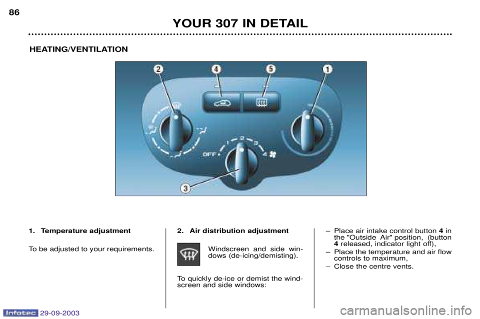 PEUGEOT 307 2003  Owners Manual 29-09-2003
YOUR 307 IN DETAIL
86
HEATING/VENTILATION
1. Temperature adjustment 
To&
)
"

*
	 2. Air distribution adjustment
	

	 	
 
 	 

#
	+
	