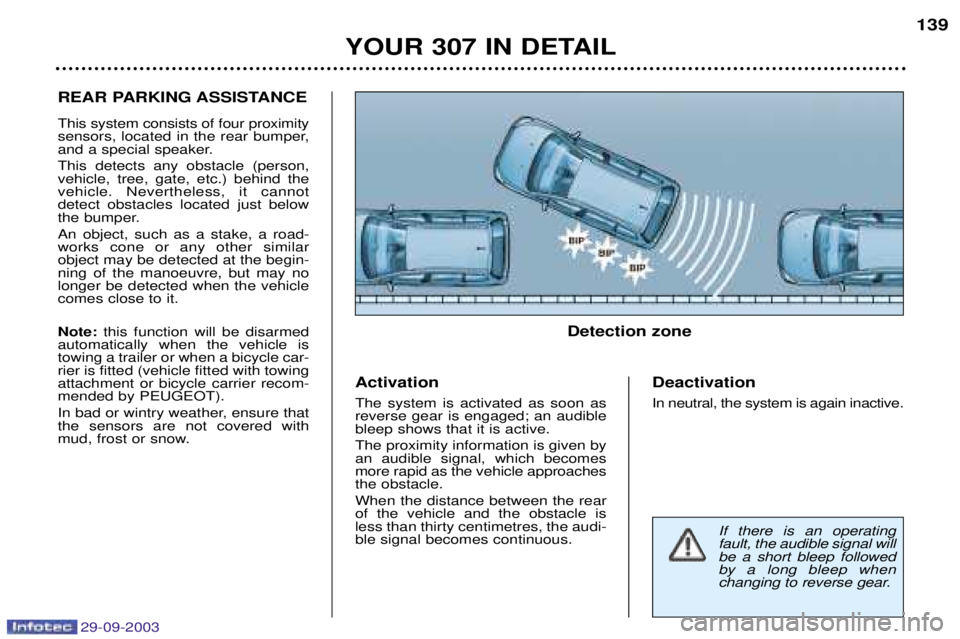 PEUGEOT 307 CC 2003 Owners Manual 29-09-2003
!"# $%
D
!##7 *# "#0! This system consists of four proximity
sensors, located in the rear bumper,
and a special speaker. This detects any obstacle (person, vehicle, PEUGEOT 307 CC 2003 Owners Manual 29-09-2003
!"# $%
D
!##7 *# "#0! This system consists of four proximity
sensors, located in the rear bumper,
and a special speaker. This detects any obstacle (person, vehicle,