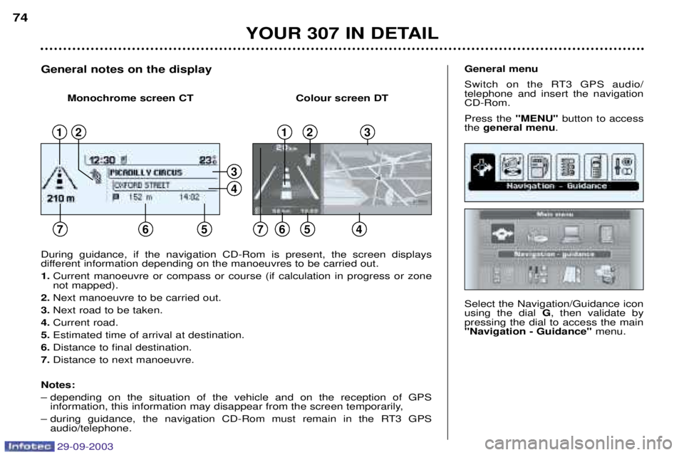 PEUGEOT 307 CC 2003  Owners Manual 29-09-2003
	

	
4
Select the Navigation/Guidance icon using the dial , then validate by
pressing the dial to access the main
0
$+&0 menu.
&&& 
Switch on the R