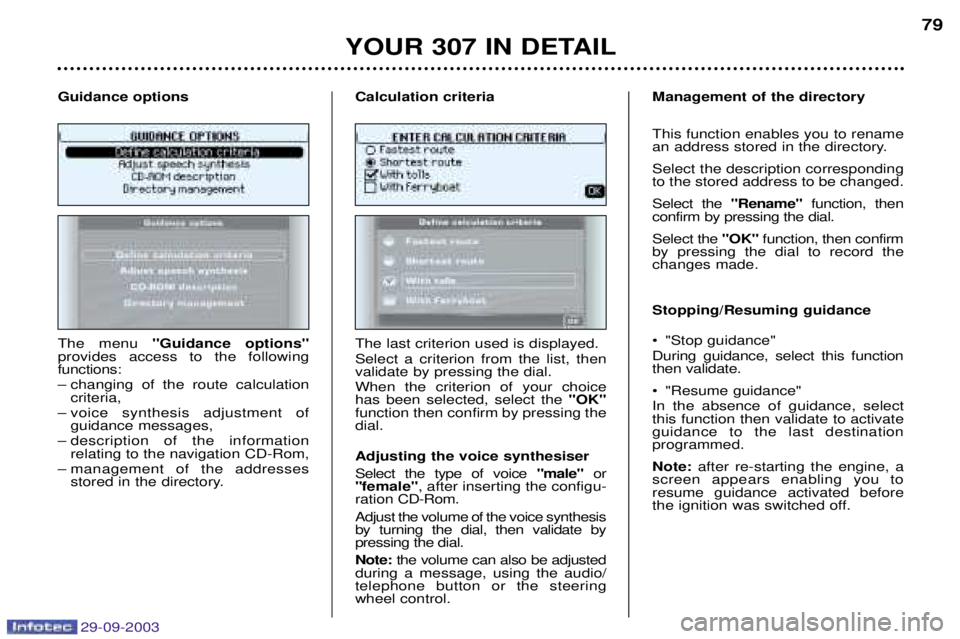 PEUGEOT 307 CC 2003 Owners Manual 29-09-2003
C
The menu BB
& 1
BB
provides access to the following functions:
– changing of the route calculation criteria,
– voice synthesis adjustment of guidanc PEUGEOT 307 CC 2003 Owners Manual 29-09-2003
C
The menu BB
& 1
BB
provides access to the following functions:
– changing of the route calculation criteria,
– voice synthesis adjustment of guidanc