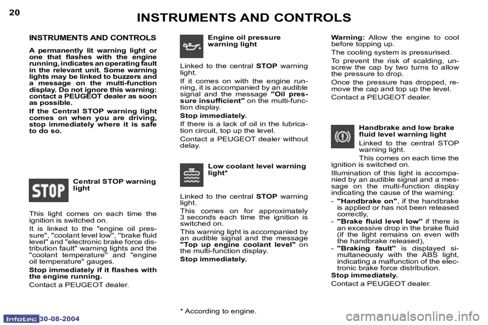 PEUGEOT 307 CC 2004  Owners Manual �2�0
�3�0�-�0�8�-�2�0�0�4
�2�1
�3�0�-�0�8�-�2�0�0�4
�I�N�S�T�R�U�M�E�N�T�S� �A�N�D� �C�O�N�T�R�O�L�S
�A�  �p�e�r�m�a�n�e�n�t�l�y�  �l�i�t�  �w�a�r�n�i�n�g�  �l�i�g�h�t�  �o�r�  
�o�n�e�  �t�h�a�t�  �l