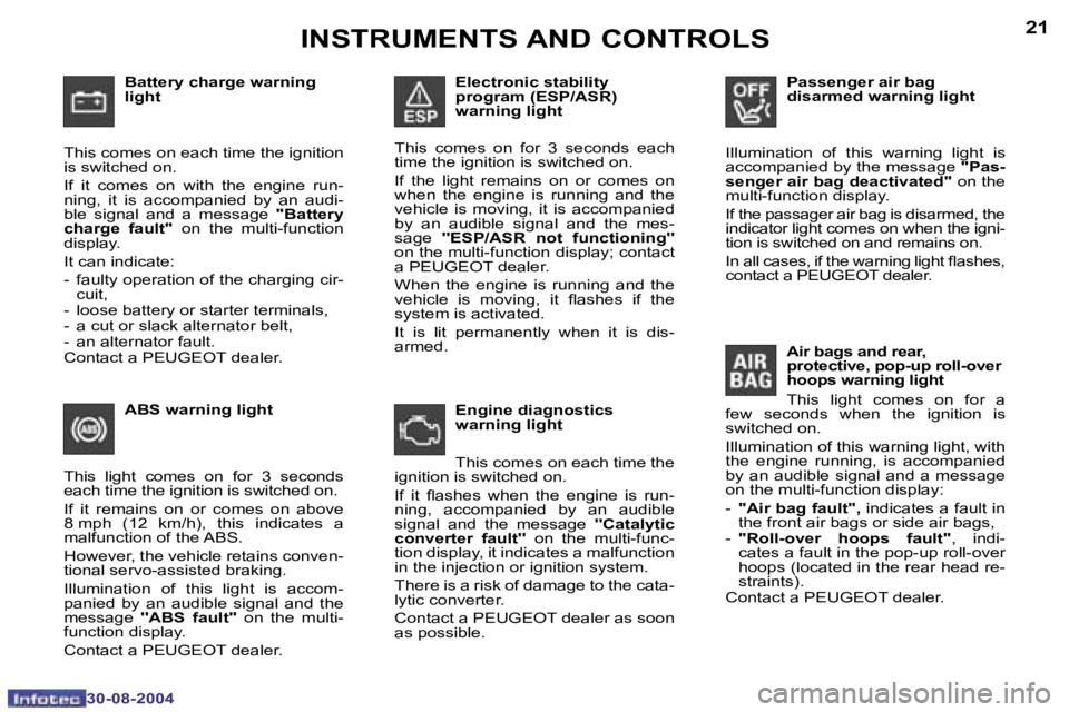 PEUGEOT 307 CC 2004  Owners Manual �2�0
�3�0�-�0�8�-�2�0�0�4
�2�1
�3�0�-�0�8�-�2�0�0�4
�B�a�t�t�e�r�y� �c�h�a�r�g�e� �w�a�r�n�i�n�g�  
�l�i�g�h�t
�T�h�i�s� �c�o�m�e�s� �o�n� �e�a�c�h� �t�i�m�e� �t�h�e� �i�g�n�i�t�i�o�n� 
�i�s� �s�w�i�t