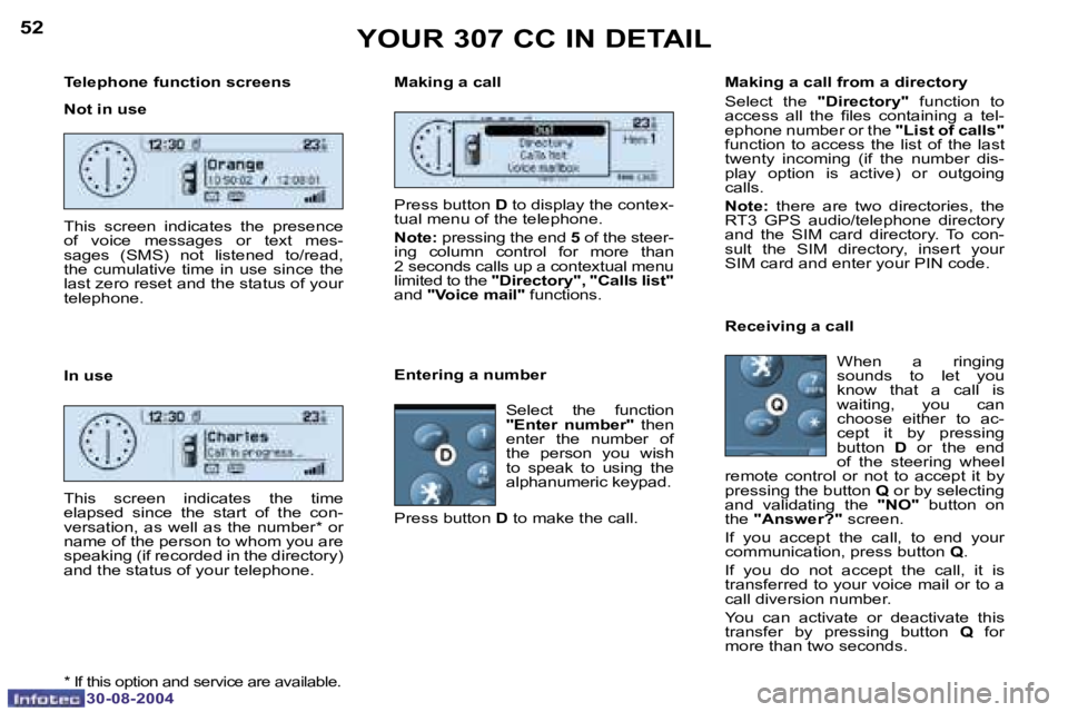 PEUGEOT 307 CC 2004  Owners Manual �5�2
�3�0�-�0�8�-�2�0�0�4
�5�3
�3�0�-�0�8�-�2�0�0�4
�T�e�l�e�p�h�o�n�e� �f�u�n�c�t�i�o�n� �s�c�r�e�e�n�s 
�N�o�t� �i�n� �u�s�e 
�I�n� �u�s�e
�Y�O�U�R� �3�0�7� �C�C� �I�N� �D�E�T�A�I�L
�T�h�i�s�  �s�c�