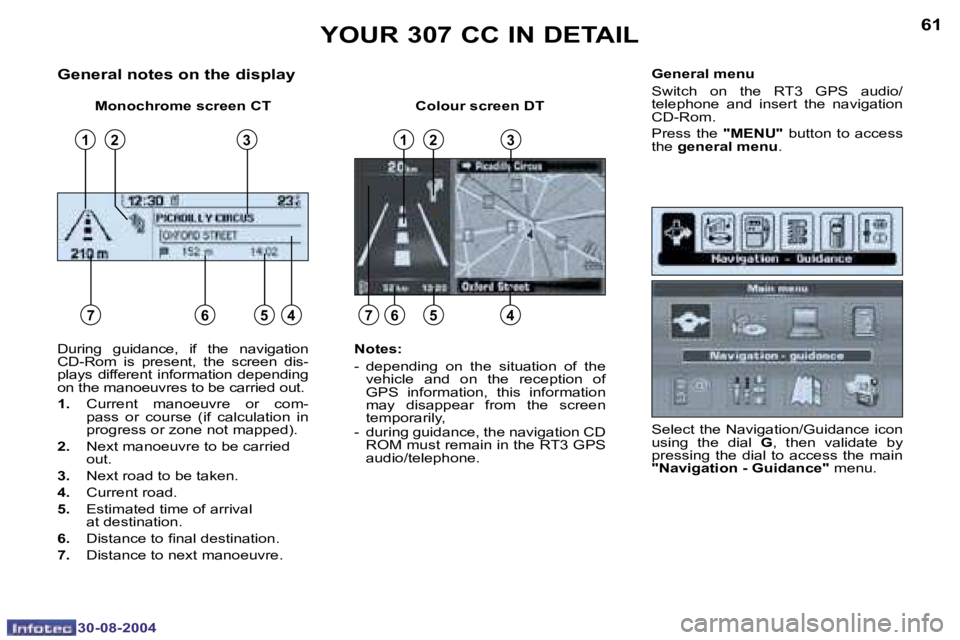 PEUGEOT 307 CC 2004  Owners Manual �6�0
�3�0�-�0�8�-�2�0�0�4
�6�1
�3�0�-�0�8�-�2�0�0�4
�G�e�n�e�r�a�l� �n�o�t�e�s� �o�n� �t�h�e� �d�i�s�p�l�a�y
�M�o�n�o�c�h�r�o�m�e� �s�c�r�e�e�n� �C�T �C�o�l�o�u�r� �s�c�r�e�e�n� �D�T�G�e�n�e�r�a�l� �m