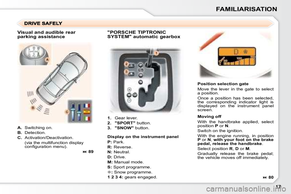 PEUGEOT 307 CC DAG 2007  Owners Manual FAMILIARISATION
   
1.    Gear lever. 
  
2.     "SPORT"   button. 
  
3.     "SNOW"   button.     Position selection gate  
 Move  the  lever  in  the  gate  to  select  
�a� �p�o�s�i�t�i�o�n�.�  
� 
