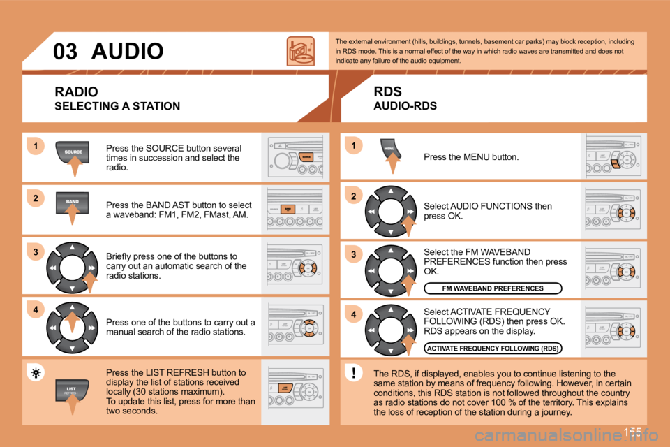 PEUGEOT 307 CC DAG 2007 Owners Manual 155
1
2
3
4
2
4
3
1
03
AUDIO
RADIO
SELECTING A STATION
Press the SOURCE button several
times in succession and select the
radio.
Press the BAND AST button to select
a waveband: FM1, FM2, FM PEUGEOT 307 CC DAG 2007 Owners Manual 155
1
2
3
4
2
4
3
1
03
AUDIO
RADIO
SELECTING A STATION
Press the SOURCE button several
times in succession and select the
radio.
Press the BAND AST button to select
a waveband: FM1, FM2, FM