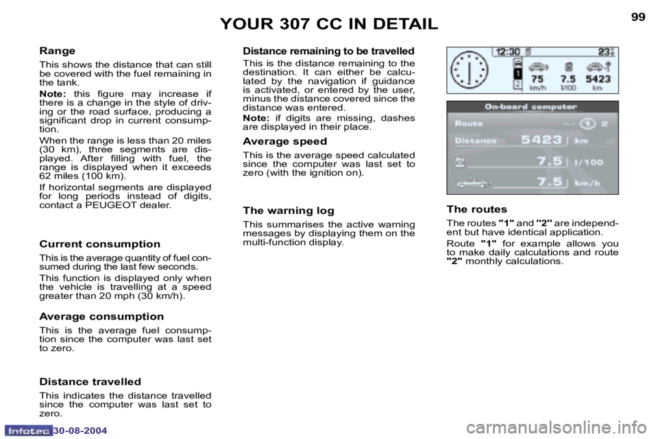 PEUGEOT 307 CC DAG 2004  Owners Manual �9�8
�3�0�-�0�8�-�2�0�0�4
�9�9
�3�0�-�0�8�-�2�0�0�4
�R�a�n�g�e
�T�h�i�s� �s�h�o�w�s� �t�h�e� �d�i�s�t�a�n�c�e� �t�h�a�t� �c�a�n� �s�t�i�l�l�  
�b�e� �c�o�v�e�r�e�d� �w�i�t�h� �t�h�e� �f�u�e�l� �r�e�m�