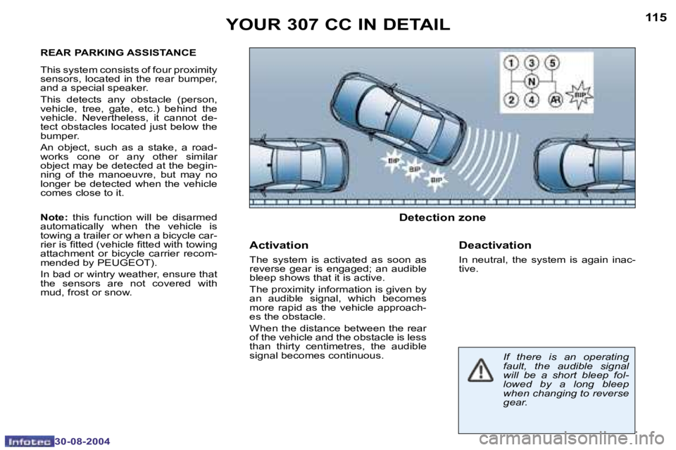 PEUGEOT 307 CC DAG 2004  Owners Manual �1�1�4
�3�0�-�0�8�-�2�0�0�4
�1�1�5
�3�0�-�0�8�-�2�0�0�4
�Y�O�U�R� �3�0�7� �C�C� �I�N� �D�E�T�A�I�L
�R�E�A�R� �P�A�R�K�I�N�G� �A�S�S�I�S�T�A�N�C�E 
�T�h�i�s� �s�y�s�t�e�m� �c�o�n�s�i�s�t�s� �o�f� �f�o�