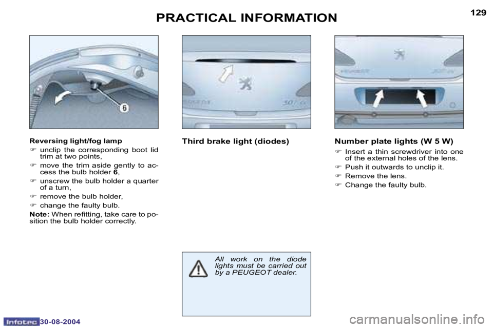 PEUGEOT 307 CC DAG 2004  Owners Manual �1�2�8
�3�0�-�0�8�-�2�0�0�4
�1�2�9
�3�0�-�0�8�-�2�0�0�4
�P�R�A�C�T�I�C�A�L� �I�N�F�O�R�M�A�T�I�O�N
�R�e�v�e�r�s�i�n�g� �l�i�g�h�t�/�f�o�g� �l�a�m�p 
�F�  �u�n�c�l�i�p�  �t�h�e�  �c�o�r�r�e�s�p�o�n�d�i