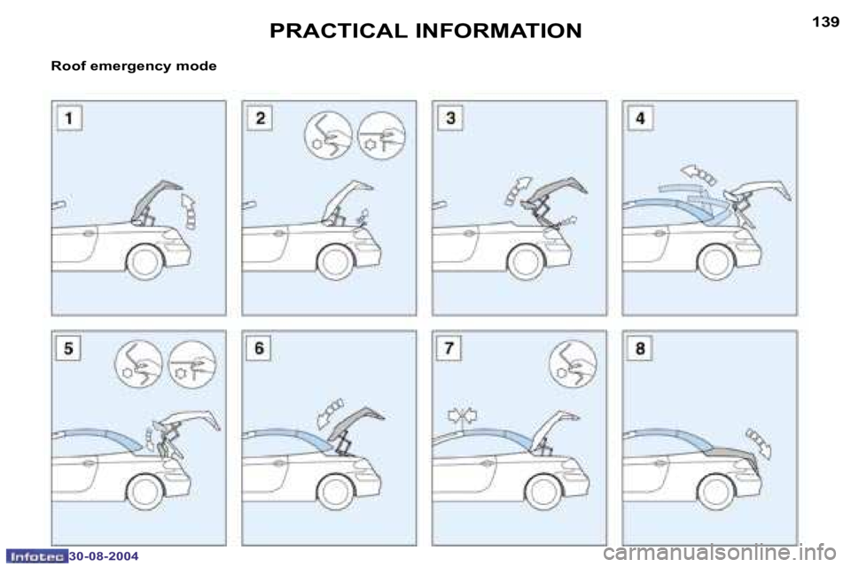 PEUGEOT 307 CC DAG 2004  Owners Manual �1�3�8
�3�0�-�0�8�-�2�0�0�4
�1�3�9
�3�0�-�0�8�-�2�0�0�4
�P�R�A�C�T�I�C�A�L� �I�N�F�O�R�M�A�T�I�O�N
�R�o�o�f� �e�m�e�r�g�e�n�c�y� �m�o�d�e  