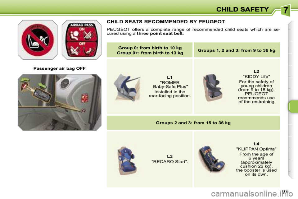 PEUGEOT 308 2007  Owners Manual �9�7
�P�a�s�s�e�n�g�e�r� �a�i�r� �b�a�g� �O�F�F
�C�H�I�L�D� �S�E�A�T�S� �R�E�C�O�M�M�E�N�D�E�D� �B�Y� �P�E�U�G�E�O�T
�P�E�U�G�E�O�T�  �o�f�f�e�r�s�  �a�  �c�o�m�p�l�e�t�e�  �r�a�n�g�e�  �o�f�  �r�e�c�
