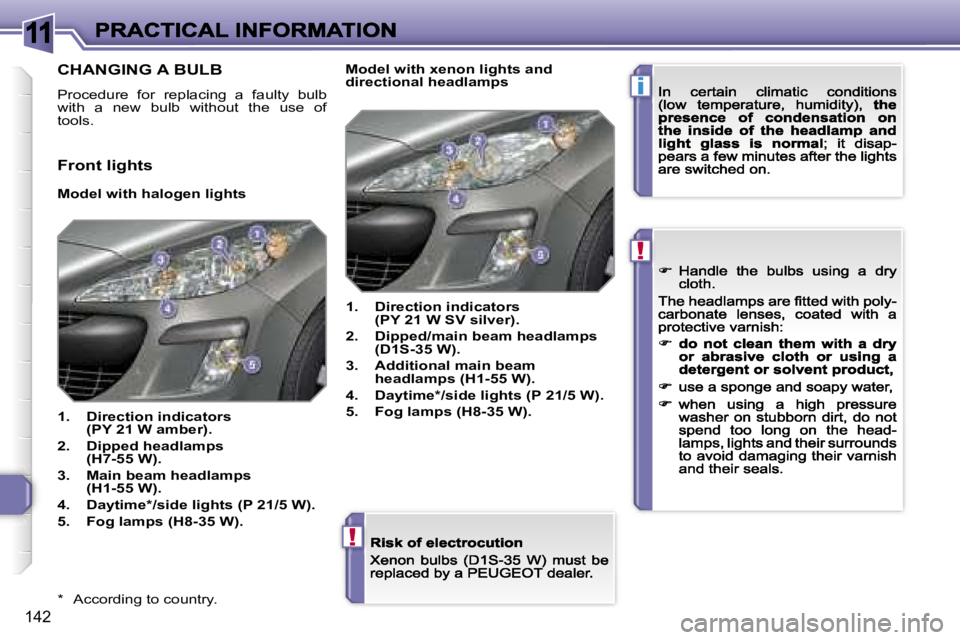 PEUGEOT 308 2007  Owners Manual �1�1
�i
�!
�!
�1�4�2
�*�  �A�c�c�o�r�d�i�n�g� �t�o� �c�o�u�n�t�r�y�.
�C�H�A�N�G�I�N�G� �A� �B�U�L�B
�P�r�o�c�e�d�u�r�e�  �f�o�r�  �r�e�p�l�a�c�i�n�g�  �a�  �f�a�u�l�t�y�  �b�u�l�b� �w�i�t�h�  �a�  �n�