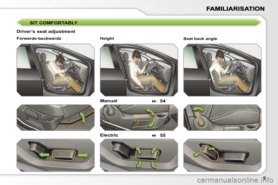 PEUGEOT 308 2007  Owners Manual �S�I�T� �C�O�M�F�O�R�T�A�B�L�Y
�D�r�i�v�e�r�’�s� �s�e�a�t� �a�d�j�u�s�t�m�e�n�t
�M�a�n�u�a�l
�E�l�e�c�t�r�i�c
�F�o�r�w�a�r�d�s�-�b�a�c�k�w�a�r�d�s
��5�4
��5�5
�S�e�a�t� �b�a�c�k� �a�n�g�l�e�H�