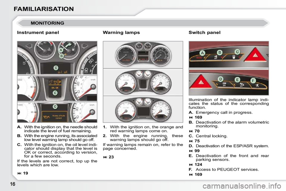 PEUGEOT 308 CC 2010  Owners Manual FAMILIARISATION
 MONITORING 
  Instrument panel   Switch panel 
   
A. � �  �W�i�t�h� �t�h�e� �i�g�n�i�t�i�o�n� �o�n�,� �t�h�e� �n�e�e�d�l�e� �s�h�o�u�l�d� 
�i�n�d�i�c�a�t�e� �t�h�e� �l�e�v�e�l� �o�f�