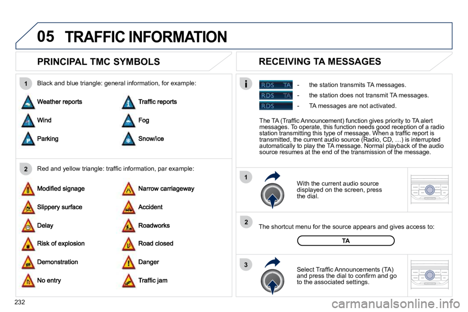 PEUGEOT 308 CC 2010  Owners Manual 05
2
1
3
2
1
232
       PRINCIPAL TMC SYMBOLS 
� � �W�i�t�h� �t�h�e� �c�u�r�r�e�n�t� �a�u�d�i�o� �s�o�u�r�c�e� �d�i�s�p�l�a�y�e�d� �o�n� �t�h�e� �s�c�r�e�e�n�,� �p�r�e�s�s�t�h�e� �d�i�a�l�.� � 
� � �T