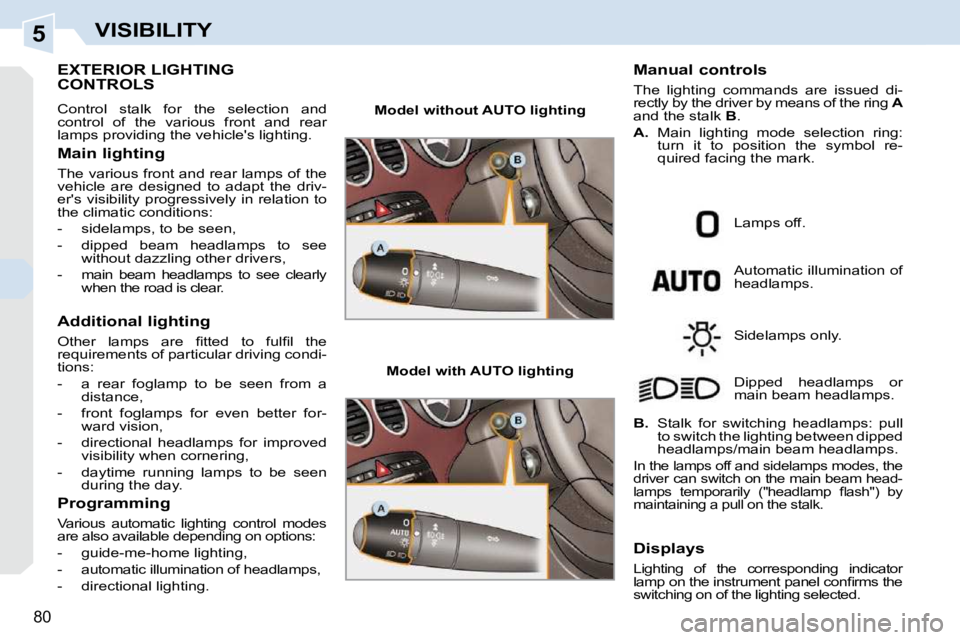 PEUGEOT 308 CC 2010  Owners Manual 5
80
VISIBILITY
EXTERIOR LIGHTING CONTROLS 
� �C�o�n�t�r�o�l�  �s�t�a�l�k�  �f�o�r�  �t�h�e�  �s�e�l�e�c�t�i�o�n�  �a�n�d 
�c�o�n�t�r�o�l�  �o�f�  �t�h�e�  �v�a�r�i�o�u�s�  �f�r�o�n�t�  �a�n�d�  �r�e�