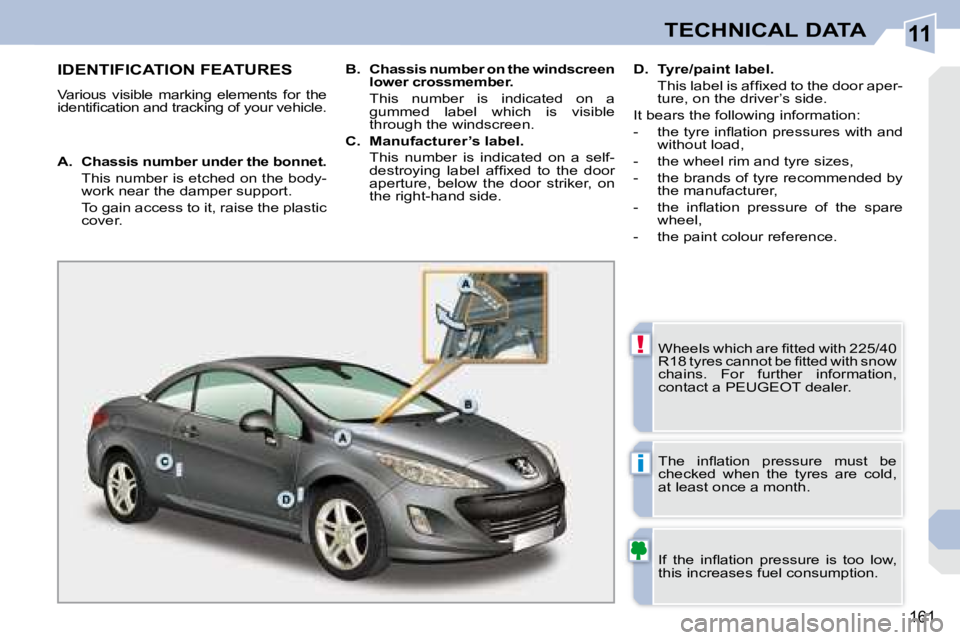 PEUGEOT 308 CC 2008  Owners Manual 11
!
i
161
TECHNICAL DATA
                   IDENTIFICATION FEATURES 
 Various  visible  marking  elements  for  the  
�i�d�e�n�t�i�ﬁ� �c�a�t�i�o�n� �a�n�d� �t�r�a�c�k�i�n�g� �o�f� �y�o�u�r� �v�e�h�